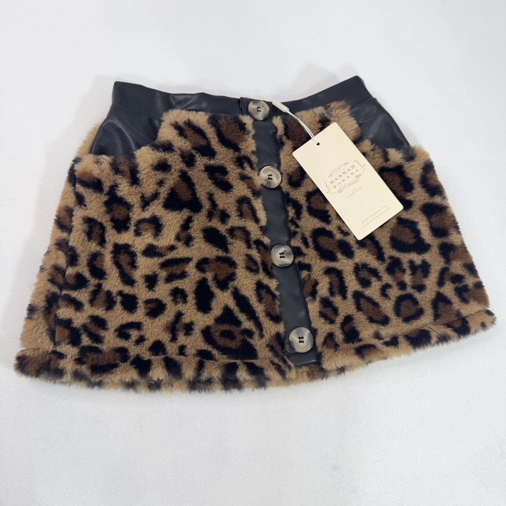 Hannah Banana Skirt Girls 7 Brown Leopard Faux Fur Faux Leather Button Front